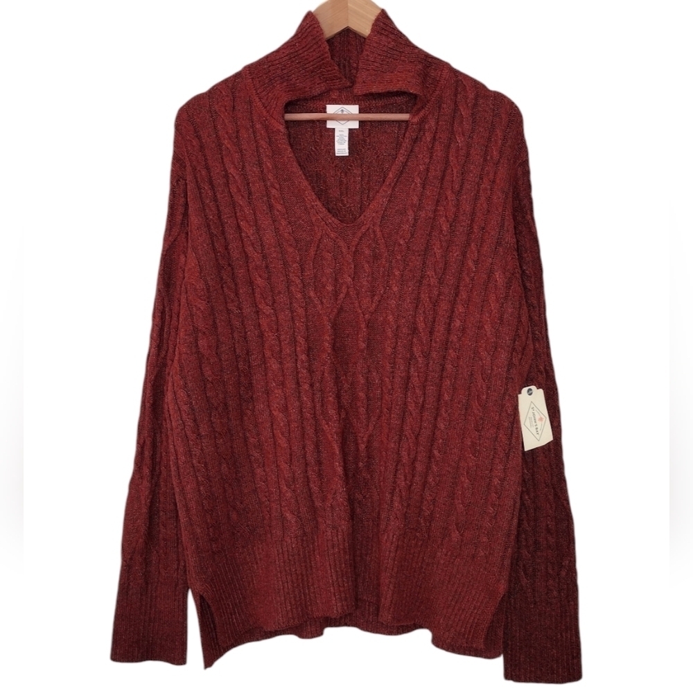 NWT St. John's Bay Rustic Brick Cable Knit Pullover Long Sleeve V-Neck Sweater - Picture 1 of 15